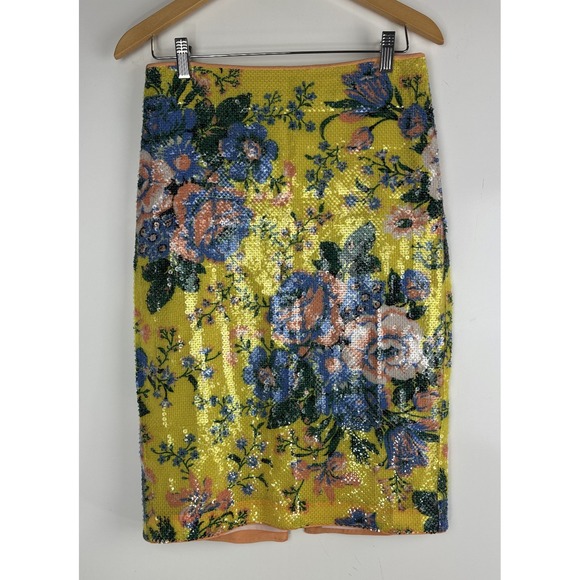 Diane Von Furstenberg Sequin Pencil Skirt Yellow Floral Embellished Size 8 DVF - Picture 2 of 11